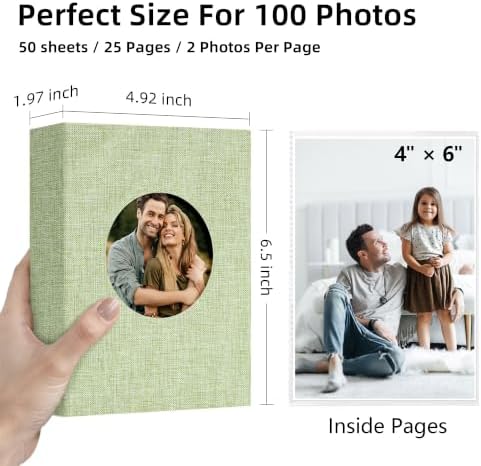 Vienrose Photo Album 4x6 Photos 100 Pockets Linen Cover Slip-in Photo Book with Round Window for Wedding, Vacation Memories, Personalized Picture Organizer, Green - Image 2