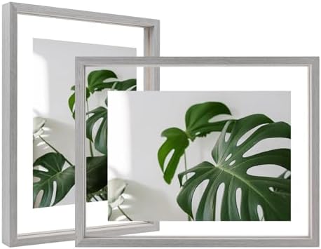 Egofine 8.5x11 Floating Frames Set of 2, Double Plexiglass Picture Frame, Made of Solid Wood Display Any Size Photo up to 8.5x11, Wall Mount or Tabletop Standing, Light Grey by Egofine