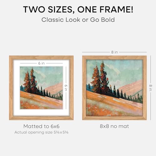 Homeforia 8x8 Natural Oak Picture Frame, High-End Wood, 6x6 Mat, Glass - Image 2