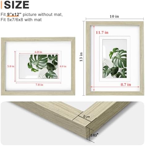 Egofine 9x12 Picture Frames Set of 4, Made of Solid Wood Covered by Plexiglass 5x7 and 6x8 with Mat or 9x12 without Mat, for Table Top Display and Wall Mounting Photo Frame Distressed Wood Grain - Image 3