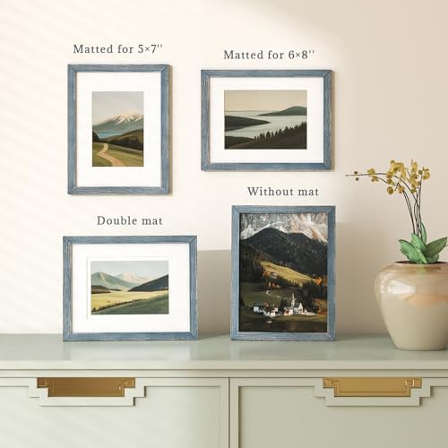 Egofine 9x12 Picture Frames Set of 4, Made of Solid Wood Covered by Plexiglass 5x7 and 6x8 with Mat or 9x12 whitout Mat, for Table Top Display and Wall Mounting Photo Frame Rustic Blue - Image 6