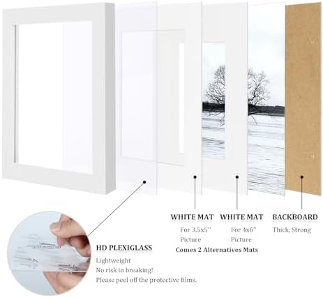 Egofine 5x7 Picture Frames Set of 4, Made of Solid Wood Covered by Plexiglass 3.5x5 and 4x6 with Mat or 5x7 without Mat, for Table Top Display and Wall Mounting Photo Frame White - Image 4