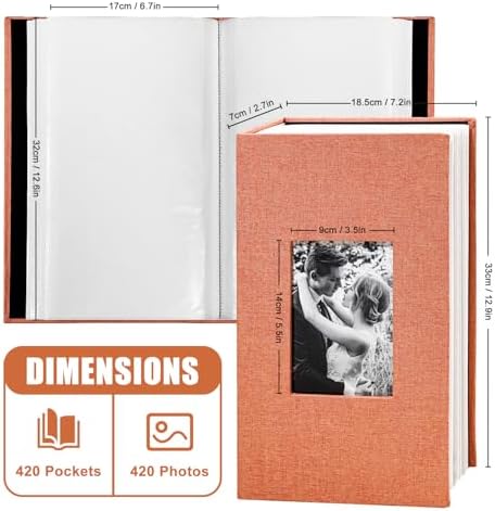 Photo Album 4x6 with 420 Pockets, Slip-in Picture Albums, Linen Cover Memory Book with Front Window, Vertical pages Photo Book for Wedding, Family, Anniversary, Baby, Vacation(Orange) - Image 6