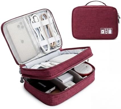 Lanola Travel Cable Organizer Bag, Electronic Accessories Case Portable Double Layer Cable Storage Bag for Cord, Charger, Flash Drive, Phone, SD Card,Personal Items - (Red) by Lanola