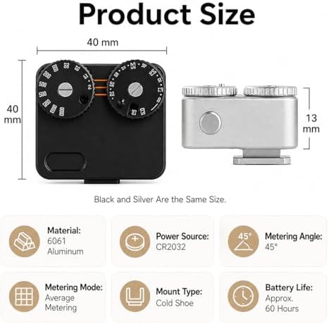 TsoLay Portable Light Meter, High Precision Ambient Light Meter with Self-Adjusting Cold Shoe Interface, 45° Light Metering & 2 Dial to Adjust ISO, Durable Aluminum & Rechargeable, for Film Cameras - Image 5