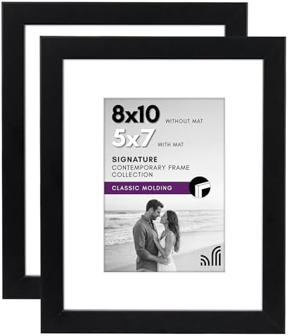 Americanflat 8x10 Picture Frame with Shatter-Resistant Glass - Set of 2 - Use as 5x7 Frame with Mat or Display 8x10 Photo Without Mat - Signature Collection - Photo Frames for Tabletop or Wall - Black by Americanflat