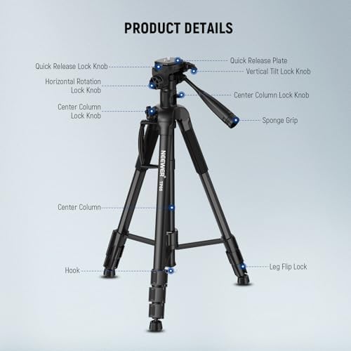 NEEWER Basics 74" Video Tripod Monopod, 3 Way Pan Tilt Head, Remote, TP05 - Image 7