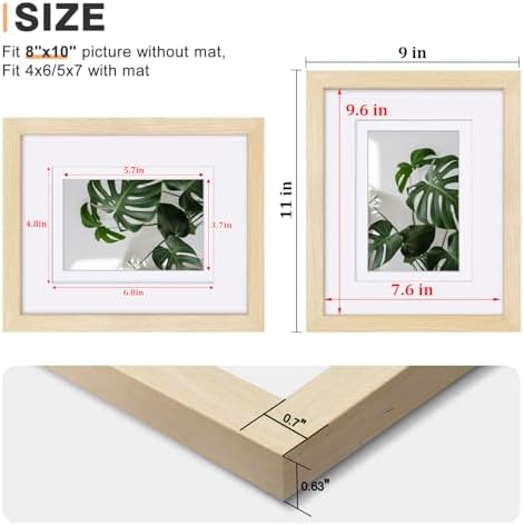 Egofine 8x10 Picture Frames Set of 4, Made of Solid Wood Covered by Plexiglass 4x6 and 5x7 with Mat or 8x10 without Mat, for Table Top Display and Wall Mounting Photo Frame Oak Wood - Image 3