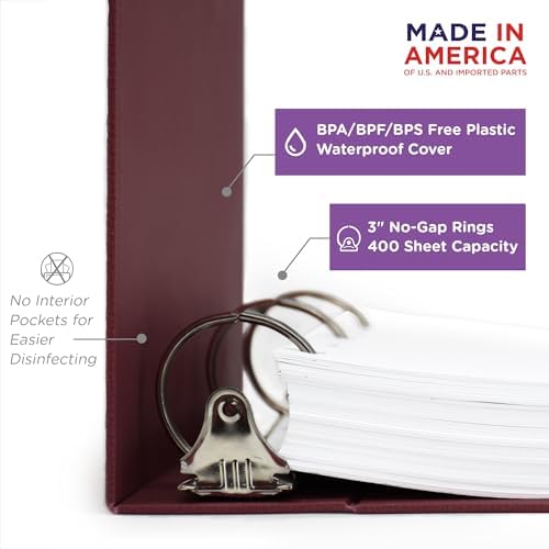 Carstens 3-Inch Heavy Duty 3-Ring Binder - Side Opening, Wine, Durable Plastic, Precision No-Gap Rings, Waterproof Cover, No Pockets, Holds 400 US Letter Sheets, BPA-Free, Made in USA (1743-3R) - Image 2