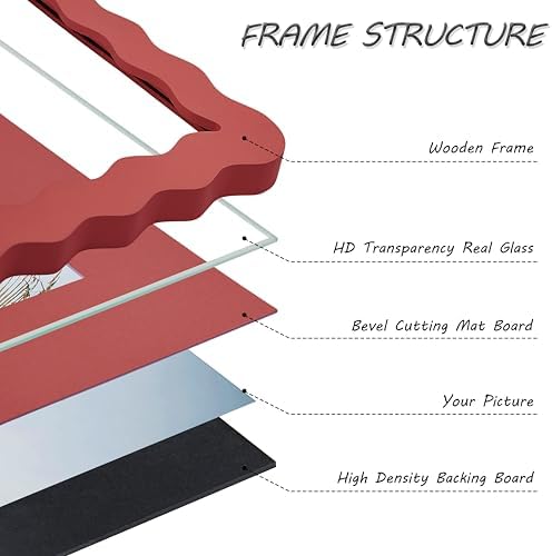 8x8 Red Picture Frame with Mat for 6x6/4x4, Curved Wavy Edge Deco Wooden Real Glass, Vertical or Horizontal Display Photo Gallery Wall & Tabletop Frame - Image 6