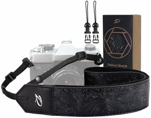 Padwa Lifestyle Camera Strap - 2" Black Faux Leather Carving Camera Straps with Full Grain Leather Ends for Photographers, Vintage Soft Suede Fabric Padded Strap Quick Release fits All Cameras by PadwaLifestyleCameraStrap