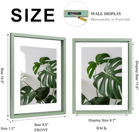 Egofine 9x12 Floating Frames Set of 2, Double Plexiglass Picture Frame, Made of Solid Wood Display Any Size Photo up to 9x12, Wall Mount or Tabletop Standing, Green - Image 2