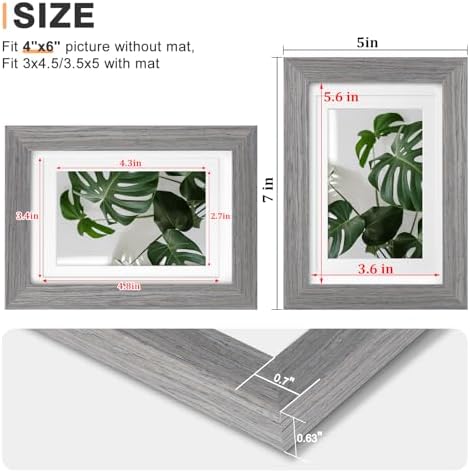 Egofine 4x6 Picture Frames Set of 4, Made of Solid Wood Covered by Plexiglass 3x4.5 and 3.5x5 with Mat or 4x6 without Mat, for Table Top Display and Wall Mounting Photo Frame, Light Grey - Image 3