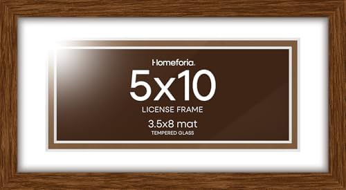 Homeforia 5x10 Brown Oak License Frame, High-End Wood, 3.5x8 Mat, Glass by Homeforia
