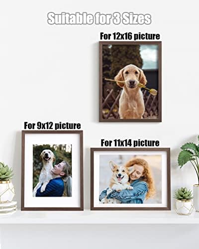 Egofine 12x16 Picture Frames Set of 4, Made of Solid Wood Covered by Plexiglass 9x12 and 11x14 with Mat or 12x16 without Mat, for Wall Mounting Photo Frame Brown - Image 5