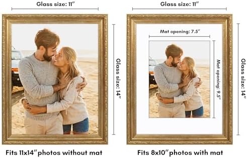 Americanflat 11x14 Picture Frame with Shatter-Resistant Glass - Use as 8x10 Frame with Mat or Display 11x14 Photo Without Mat - Ornate Picture Frames for Wall Display - Gold - Image 2