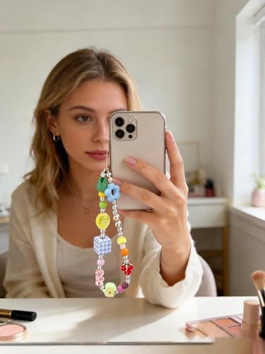 2 Pcs Phone Charm Strap Hand Wrist Strap Camera Lanyard Pearl Beaded Cute Chain String Accessories Universal for iPhone 17 Pro Max 16 15 14 for Samsung Women Girls Keychain Brown Bead and Kawaii Fruit - Image 2