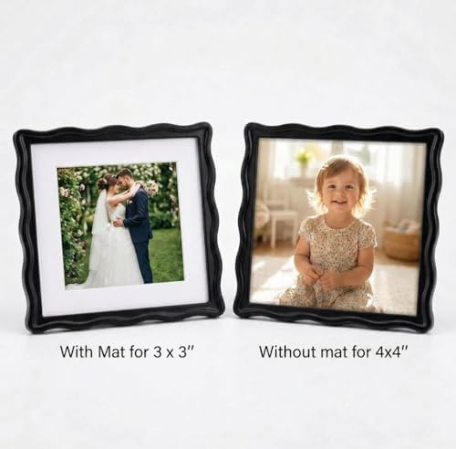 High-End Black 4x4'' Square Zinc Alloy Picture Frames,with Acid Free Mat for 3x3'',Unique Wave Design,with Premuim Soft Velvet & Backing for Tabletop or Home Decor - Image 6