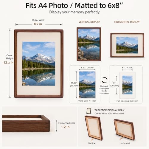Solid Walnut Picture Frame with Plexiglass, 6x8 8x10, Large Solid Wood Tabletop Photo Frame with Decorative Joinery Corners (Walnut, For A4 / 8x10 / 6x8 Photo) - Image 4