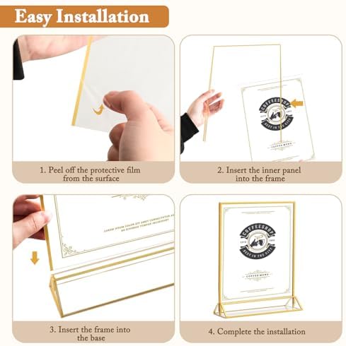 Floroom 6 Pack 8.5x11 Inch Clear Acrylic Sign Holders, Double-Sided Gold Display Stand Picture Frames for Table Numbers, Menus, Flyers, Weddings, and Offices - Image 3