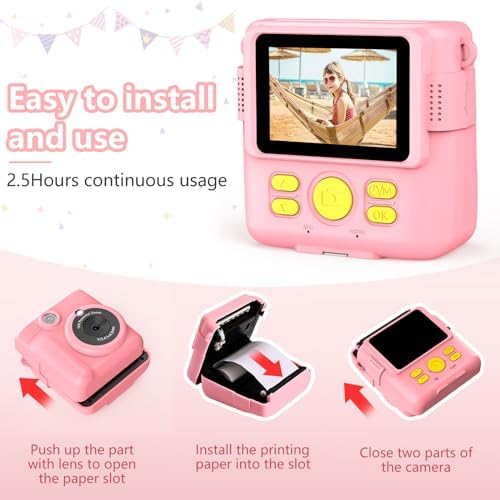 Instant Print Camera for Kids,Christmas Birthday Gifts for Age 3-12 Girls Boys，1080P HD Digital Video Cameras for Toddler,Kids Portable Toy with 3 Rolls Photo Paper，32GB Card-Pink - Image 5
