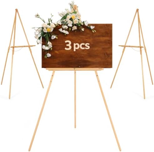 VISWIN 3Pcs 63" Easel Stand for Wedding Signs, Adjustable Wooden Display Easel with Holder, Tripod Floor Easel for Welcome Board, Poster, Picture, Photos, Paintings - Natural by VISWIN