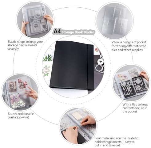 A4 Dies and Stamps Storage Book Binder Folder, Page Protectors Pockets Inserts Organizer for Cutting Dies Stencil Album Stamp Crafts, 1Pcs Black Storage Book Cover & 20 Inserts with 1/2/3/4 Pockets - Image 4