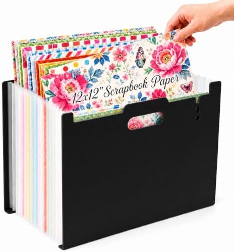 12x12 Scrapbook Paper Storage Organizer, Expandable 13 Pocket Desktop Paper Organizer Storage for Scrapbook Essentials, Large Scrapbook Storage for Photos, Washi Tape, Sticker (Black) by ALTABOMBA