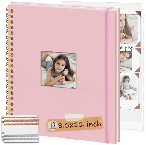 Linen Memory Book 8.5x11 in, Window Cover 10 Sleeves Pink by Hiwhy