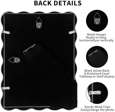 4x6'' Black Heavy Duty Photo Frame,Unique Wave Design High-End Zinc Alloy Picture Frames 6x4'',Fashionable Style Frame with Velvet & Backing for Desktop and Wall Decor - Image 6