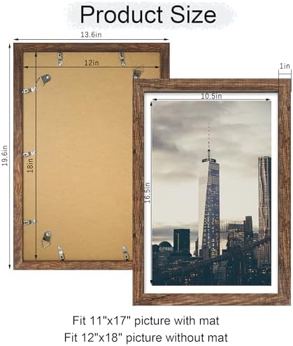 12x18 Picture Frame Set of 2, 12 x 18 Wood Poster Frames with Mat for 11x17, Wooden Photo Frames with Tempered Glass Cover for Wall Display, Rustic Brown - Image 4