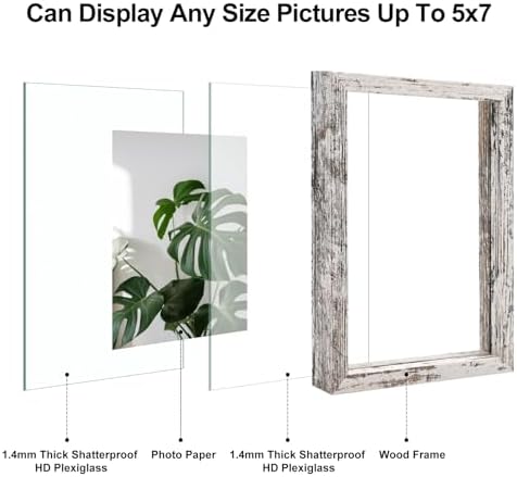 Egofine Distressed White 5x7 Floating Frames Set of 2, Double Plexiglass Picture Frame, Made of Solid Wood Display Any Size Photo up to 5x7, Wall Mount or Tabletop Standing - Image 3