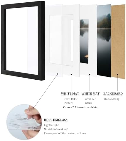 Egofine 12x16 Picture Frames Set of 4, Made of Solid Wood Covered by Plexiglass 9x12 and 11x14 with Mat or 12x16 without Mat, for Wall Mounting Photo Frame Black - Image 4