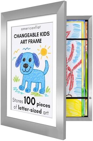 Americanflat Kids Artwork Frame Changeable (Silver) - Magnetic Door Holds 100 Art Pieces - 8.5x11 Letter Size Display with Mat or 10x12.5 Without Mat - My Mini Masterpiece | Holds 100 art pieces, magnetic front door, built-in keyholes for wall display,... by Americanflat