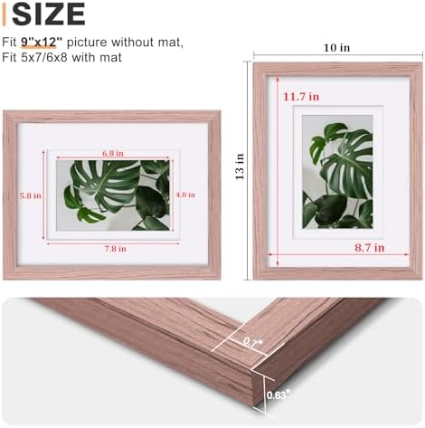 Egofine 9x12 Picture Frames Set of 4, Made of Solid Wood Covered by Plexiglass 5x7 and 6x8 with Mat or 9x12 without Mat, for Table Top Display and Wall Mounting Photo Frame Peach Pink - Image 3