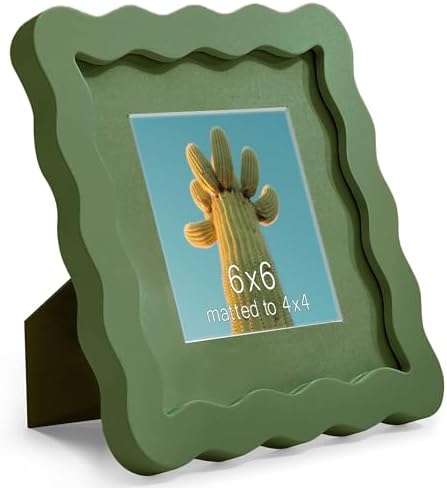 6x6 Green Picture Frame with Mat for 4x4, Curved Wavy Edge Deco Wooden Real Glass, Vertical or Horizontal Display Photo Gallery Wall & Tabletop Frame by Gdfmsc