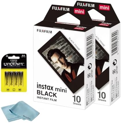 FUJIFILM Instax Mini Black Instant Film (20 Shots) + 4 AA Batteries + BluebirdSales Microfiber Cleaning Cloth – Creative Photography Bundle (20 Sheets Black Frame) by FUJIFILM