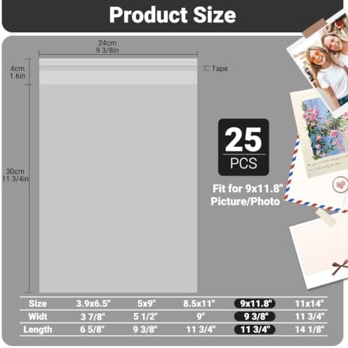 25 Pack Sheet Protectors for Artwork 9x11.8" - Acid Free Clear Plastic Sleeves for Paper, Cellophane Bags Self Adhesive, Comic Book Sleeves, Clear Plastic Bags for Page Photo Prints Magazine - Image 2