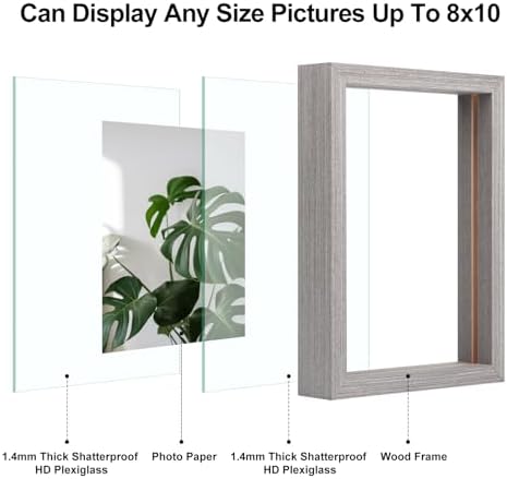 Egofine 8x10 Floating Frames Set of 2, Double Plexiglass Picture Frame, Made of Solid Wood Display Any Size Photo up to 8x10, Wall Mount or Tabletop Standing, Light Grey - Image 3