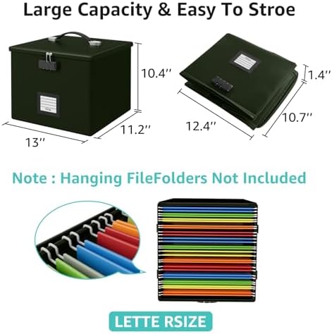 Army Green Fire Proof File Box for Documents - Portable Fireproof Document Organizer Box with Handle Waterproof Safe Locking Folder Storage with Lid - Image 4