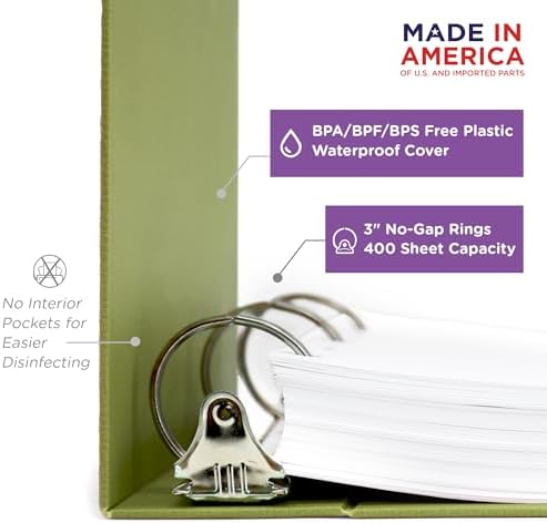 Carstens 3-Inch Heavy Duty 3-Ring Binder - Side Opening, Sage, Durable Plastic, Precision No-Gap Rings, Waterproof Cover, No Pockets, Holds 400 US Letter Sheets, BPA-Free, Made in USA (1714-3R) - Image 2