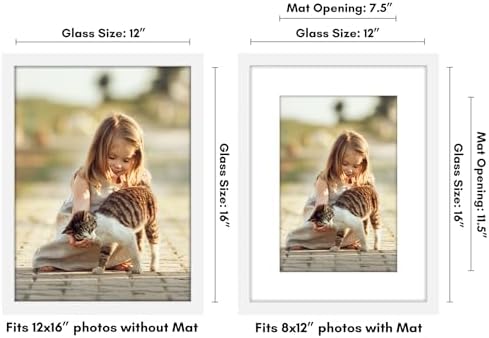 Americanflat 12x16 Picture Frame with Shatter-Resistant Glass - Use as 8x12 Frame with Mat or Display 12x16 Photo Without Mat - Signature Collection - Picture Frames for Wall Display - White - Image 2