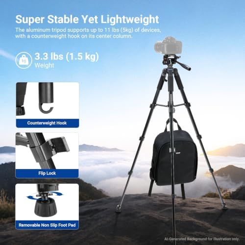 NEEWER Basics TP56 Camera Tripod, 74" Tripod with Cell Phone Holder Mount - Image 5