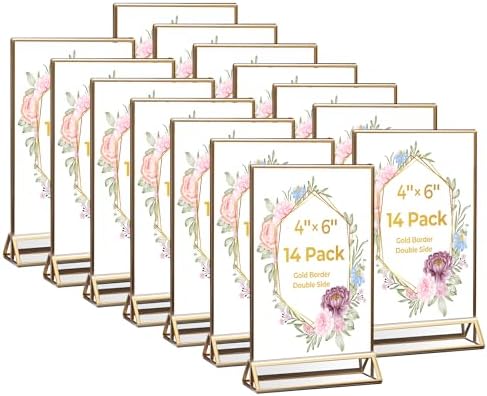 14 Pack Acrylic Sign Holder 4x6 Gold Frames, Wedding Table Number Holders Double Sided Vertical Clear Display Stand, Picture Holders for Tables, Menus, Flyers, Party and Office Decor by DECOHOBO