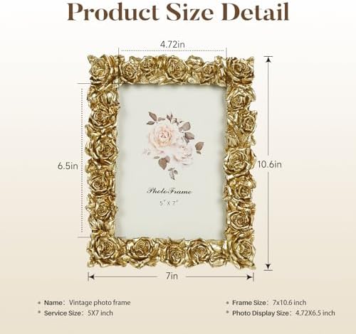 Cuspin 5x7 Gold Rose Picture Frame Vintage Ornate Floral Resin Photo Frame - Image 5