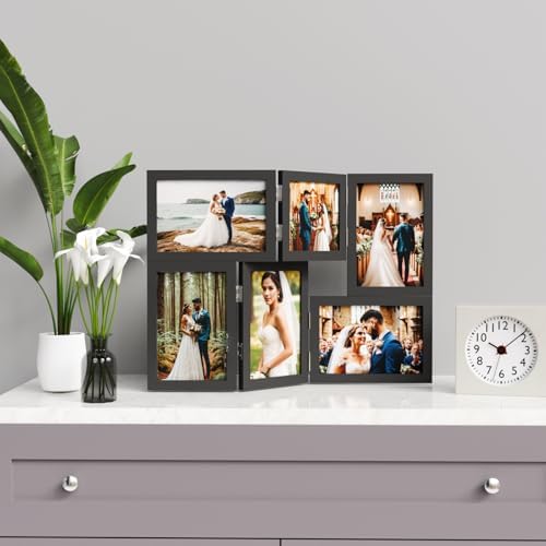 WARM&LOVE 6 Picture Frame, 4x6 & 4x4 Six Folding Hinged Photo Frames, Rustic Wood Desk Family Photo Collage Stand Vertical on Tabletop for Birthday Family Lover Gift (Black) - Image 6