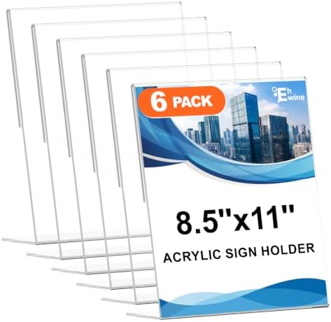 EHWINE 6 Pack 8.5 x 11 Acrylic Sign Holder, Clear Plastic Signs Display Stand, Vertical Slanted Back Paper Holder Stand up Table Top Sign Holders Flyer Stand Frames Suitable for Office Business Store by EHWINE