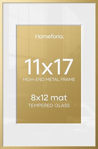 Homeforia 11x17 Gold Picture Frame, High-End Metal, 8x12 Mat, Glass by Homeforia
