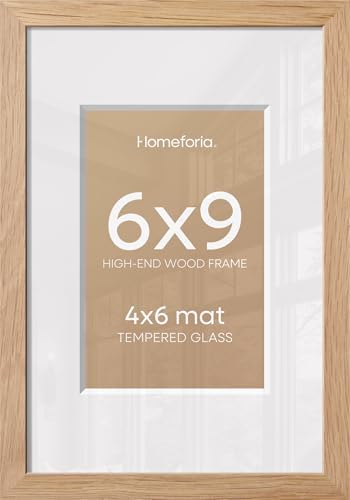 Homeforia 6x9 Natural Oak Picture Frame, High-End Wood, 4x6 Mat, Glass by Homeforia