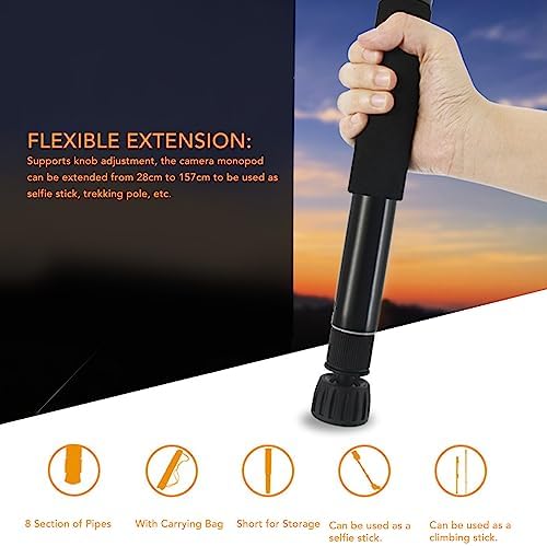 62 Inch Camera Monopod, 8 Sections Heavy Duty Monopod, Aluminum Photography Unipod Stick Trekking Pole with 1/4in to 3/8in Conversion Screw - Image 3